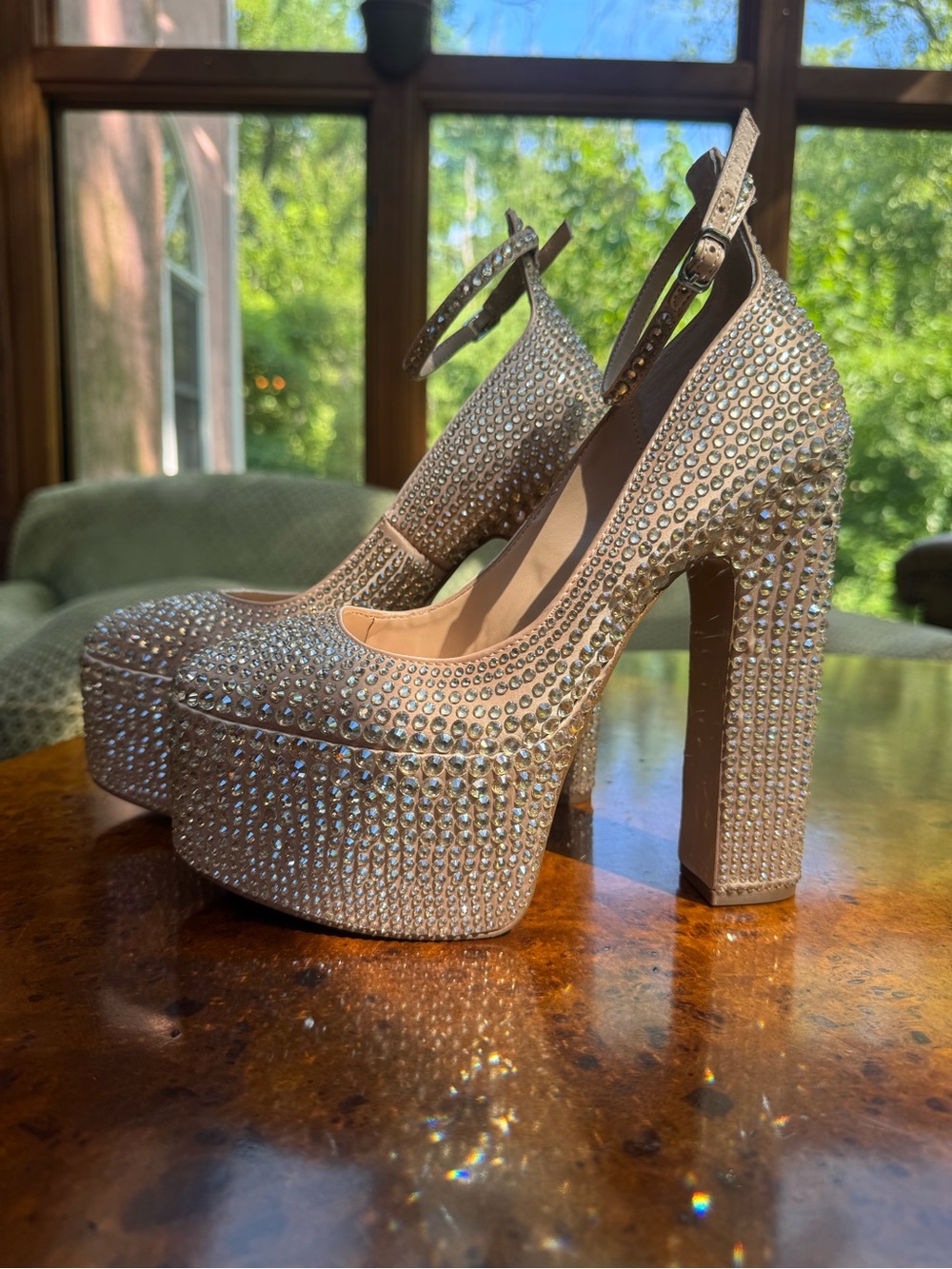 Steve Madden Nude Rhinestone Platform Pumps with Ankle Strap